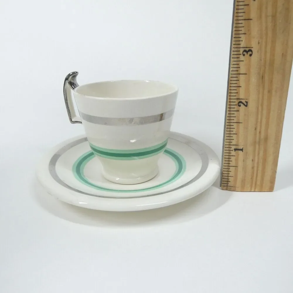 Spode Copeland Demitasse Cup & Saucer Set Jade Green Silver Cream Art Deco